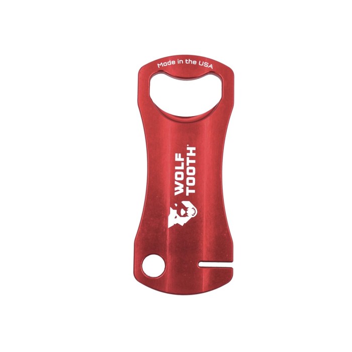 Czerwony klucz Wolf Tooth Components do prostowania tarcz hamulcowych z funkcją otwieracza do butelek